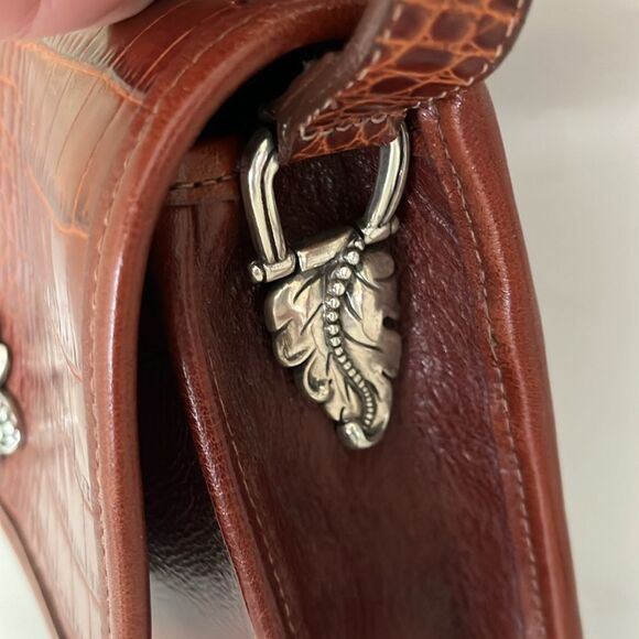 Vintage Brighton Brown Croc Embossed leather leaf Metal Details Crossbody Purse - Picture 6 of 13